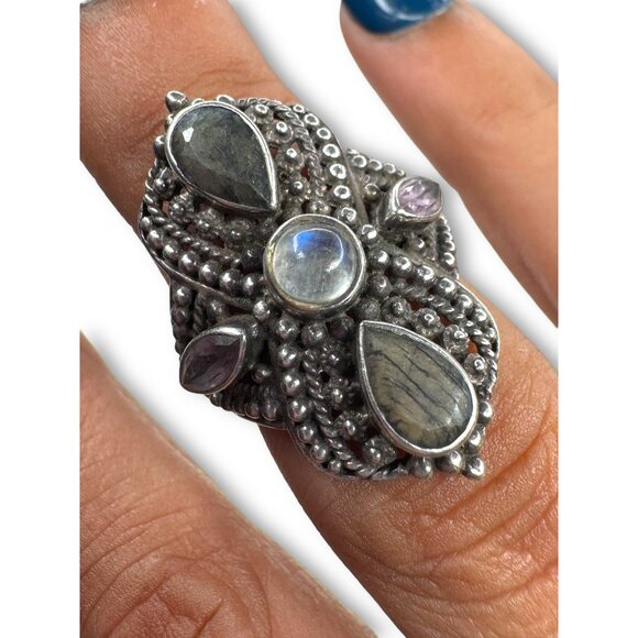 SLG Silvogue Sterling Silver Moonstone Labradorite Ring Size 7.5 - Picture 2 of 15